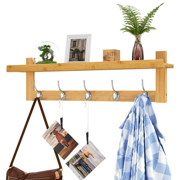Bamboo Entryway Wall Shelf Hanging Coat Hook Rack Wall-Mounted With 5 Dual Metal Bamboo Entryway Wall Shelf Hanging Coat Hook Rack Wall-Mounted With 5 Dual Metal